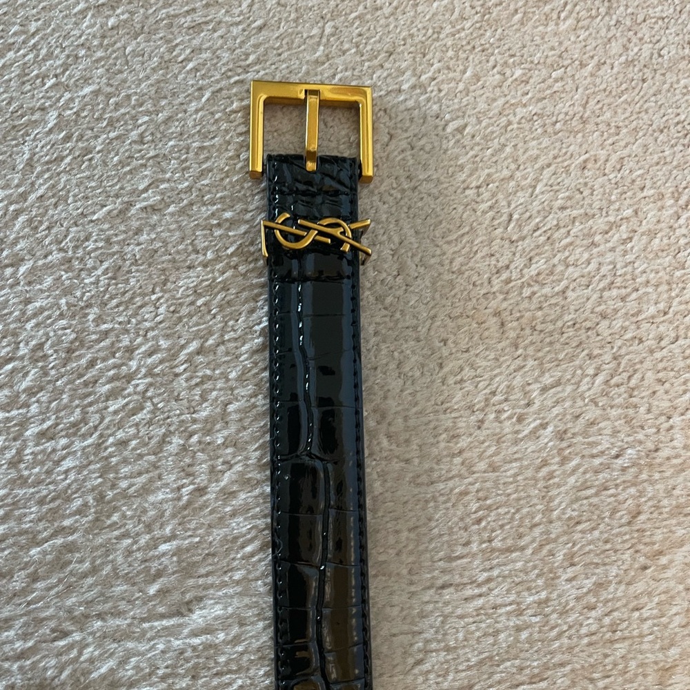 Black Croc-Embossed Belt with Gold Buckle